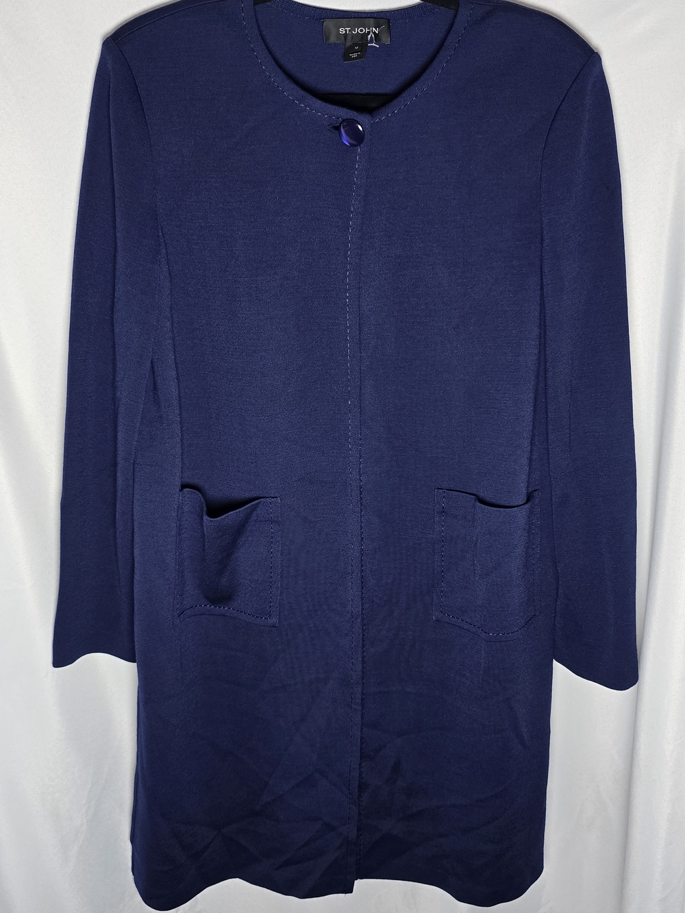 St. John Purpley Navy Single-Button Santana Knit Long Jacket Blazer, Sz 10